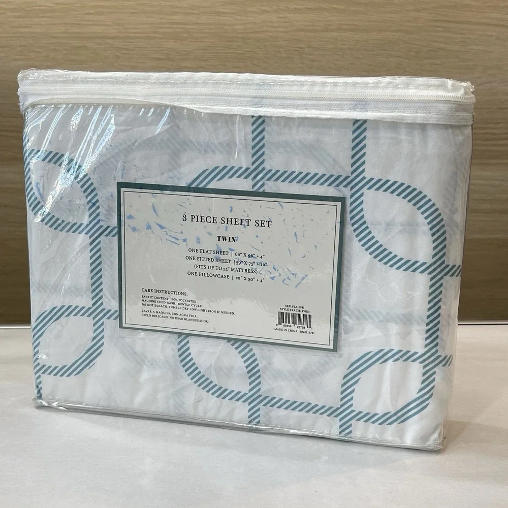 Tracie Twin Sheet Set 3 Piece White Aqua Blue Geometric Pattern New In Package